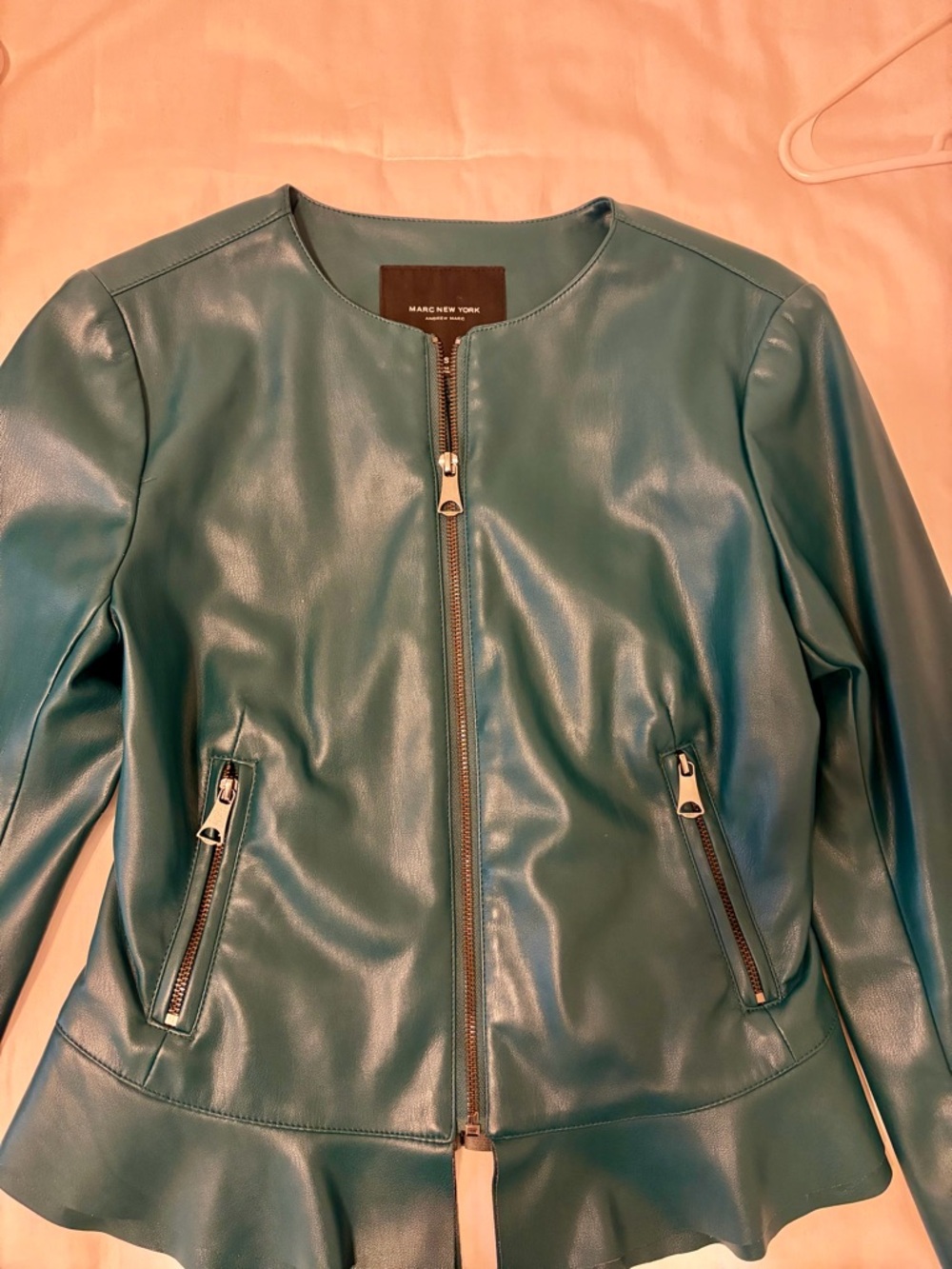 Marc New York Green Leather Zip Jacket with Peplum Hem